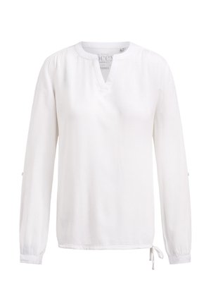 Langärmlige weiße Bluse mit runder, gesplitteter Ausschnittlinie, gerafften Schultern, geknöpften Manschetten und einem seitlichen Bindeband am Saum.