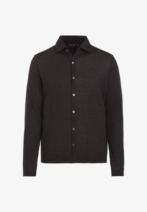 Zwarte langekatoen met lange mouwen, gemaakt van een textuurstof, met een kraag en zes knopen aan de voorkant.