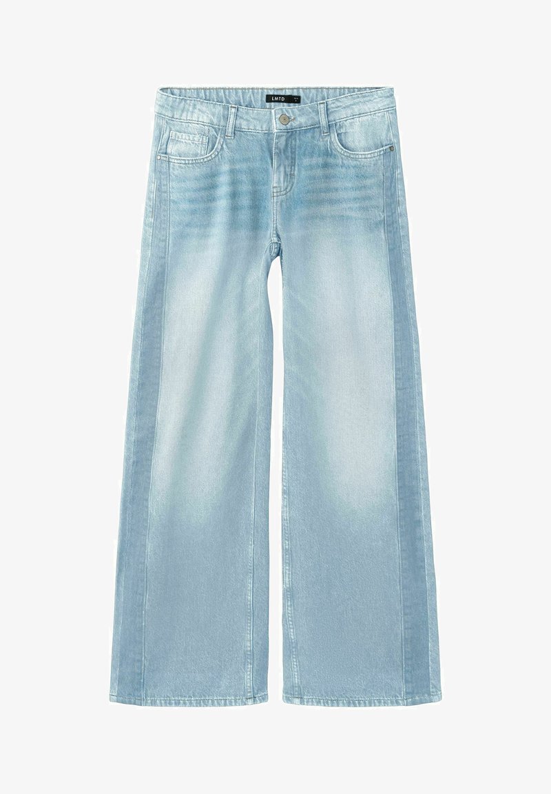 Lyseblå jeans med vide ben, falmet forside, femlommers design, knaplukning og syninger langs benene.