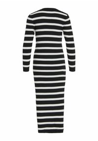 Robe midi à manches longues rayée horizontalement en noir et blanc, avec une silhouette ajustée et un col rond, vue de dos.