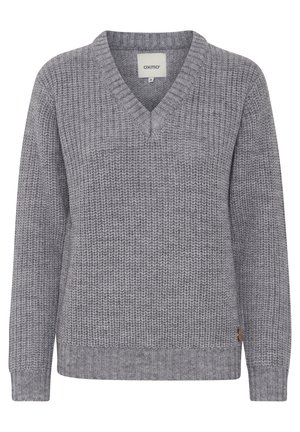 Gray knit sweater with a V-neck, featuring ribbed cuffs and hem, textured fabric, and a small branded tag on the lower right side.