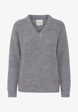 Gray knit sweater with a V-neck, featuring ribbed cuffs and hem, textured fabric, and a small branded tag on the lower right side.