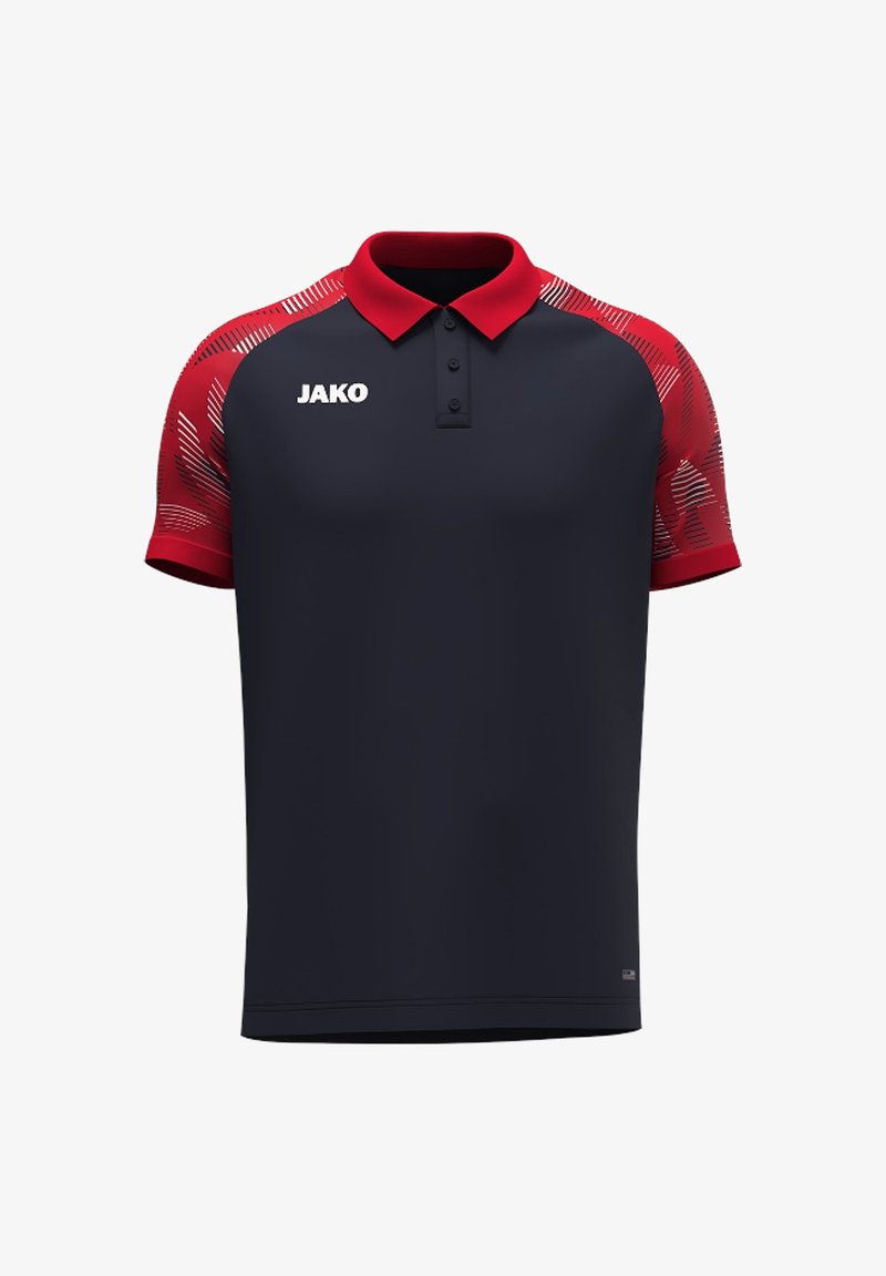 Polo manches courtes avec un col rouge et des épaules rouges à motifs, corps bleu marine et le mot JAKO sur la poitrine.