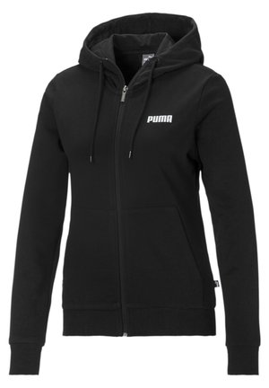 Veste à capuche zippée noire Puma avec poches avant, capuche à cordon et logo Puma blanc sur le côté gauche de la poitrine.