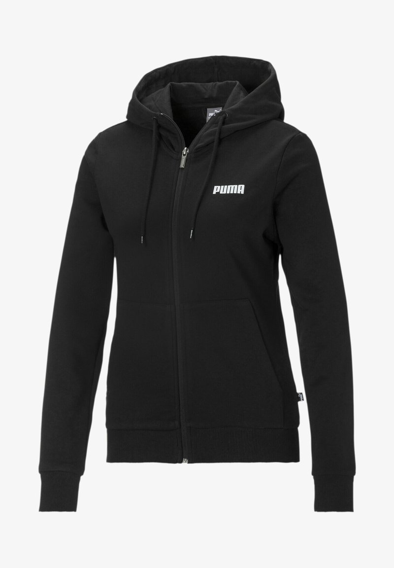 Veste à capuche zippée noire Puma avec poches avant, capuche à cordon et logo Puma blanc sur le côté gauche de la poitrine.