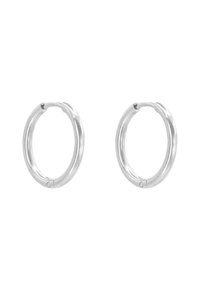 Orecchini a cerchio in argento, design circolare, superficie liscia, finitura lucida, con chiusura senza cuciture e forma minimalista.
