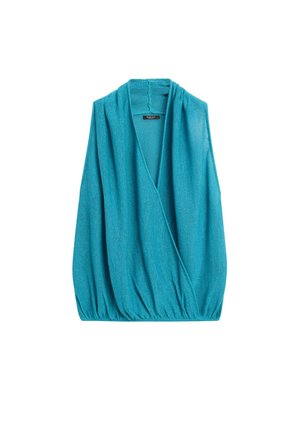 Turkusowa dzianinowa kamizelka bez rękawów z drapowanym przodem, marszczonym elastycznym dołem i małą czarną metką przy dekolcie.