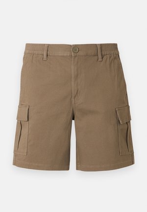 Brown cargo shorts with button closure, belt loops, and flap pockets on both sides.