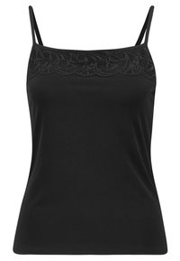 Svart ärmlös topp med tunna axelband och spetsdetalj längs den raka halslinjen.