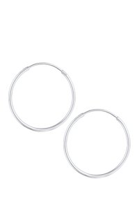 Orecchini a cerchio in argento con un design liscio e arrotondato. Il metallo ha una finitura lucida e presenta un meccanismo di chiusura sicuro.