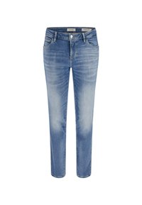 Ljusblå jeans i slim fit med mellan hög midja, fem fickor, subtil blekning och knappstängning fram.
