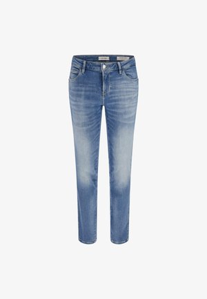 Lichtblauwe denim skinny jeans met een medium hoge taille, vijf zakken, subtiele vervaging en een knoopsluiting aan de voorkant.