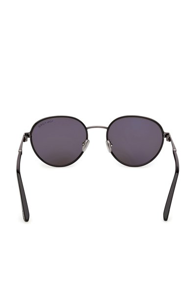 Lunettes de soleil à monture ronde en métal noir avec verres teintés foncés et plaquettes de nez ajustables, présentées sur fond blanc.