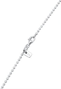 Silberne Kugelkette mit einem Karabinerhaken und kleinem Anhänger. Sie besteht aus glattem, glänzendem Metall, gleichmäßig angeordneten sphärischen Gliedern und einem Stempel.