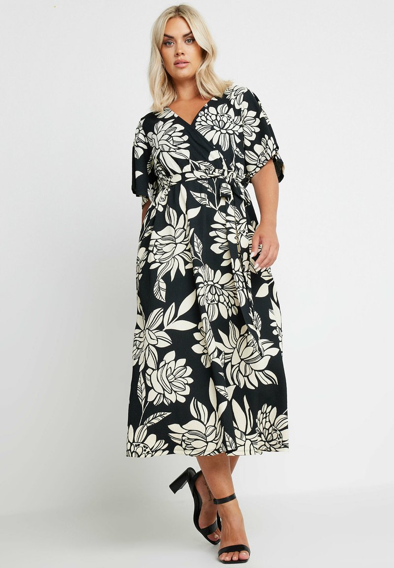Yours Clothing FLORAL PRINT TEXTURED WRAP - Jerseyklänning - black