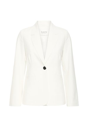 Blazer blanc avec un col cranté, un bouton noir unique, deux poches avant, manches longues et une texture de tissu lisse.