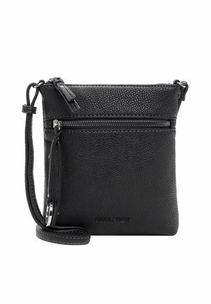 Black leather crossbody bag with a textured finish, featuring a front zip pocket and detachable strap, embossed logo detail at the bottom.