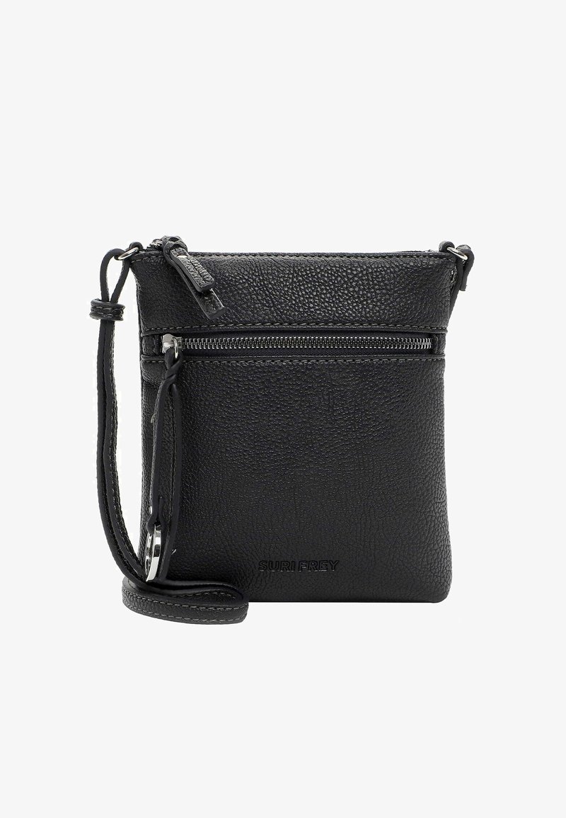 Borsa a tracolla nera in pelle con finitura testurizzata, dotata di una tasca frontale con zip e tracolla staccabile, dettaglio del logo goffrato nella parte inferiore.