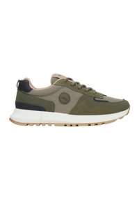 Zielono-beżowe buty sportowe z siateczkową cholewką, wyściełanym kołnierzem, okrągłym noskiem, gumową podeszwą oraz akcentującymi detalami po bokach i na pięcie.
