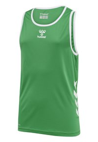Zielony bezrękawnik sportowy wykonany z materiału odprowadzającego wilgoć, z białymi akcentami i logo, o gładkiej fakturze i jednolitym wzorze.
