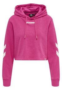 Roze cropped hoodie met een trekkoordcapuchon. Bevat een witte "HUMMEL" logo en witte strepen op de mouwen. Gemaakt van zachte, flexibele stof.