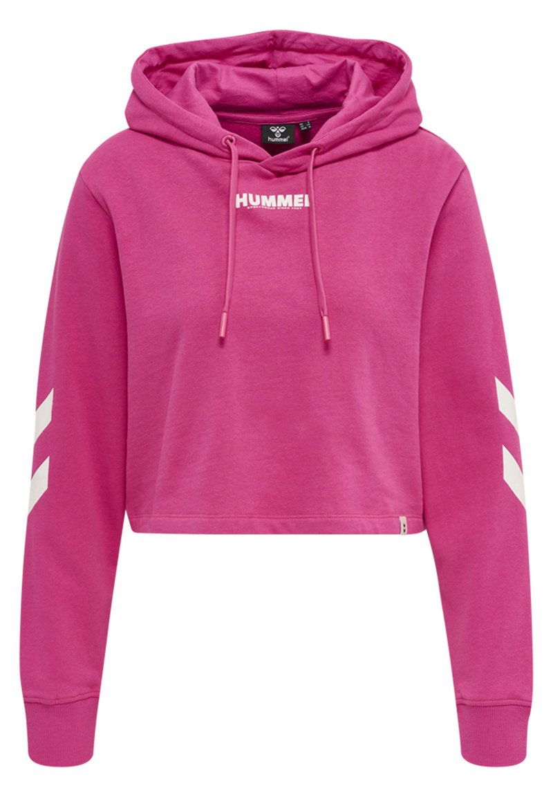 Roze cropped hoodie met een trekkoordcapuchon. Bevat een witte "HUMMEL" logo en witte strepen op de mouwen. Gemaakt van zachte, flexibele stof.