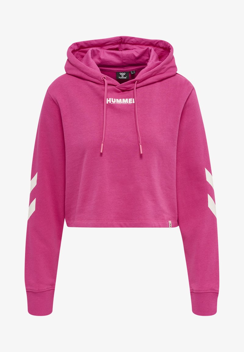 Roze cropped hoodie met een trekkoordcapuchon. Bevat een witte "HUMMEL" logo en witte strepen op de mouwen. Gemaakt van zachte, flexibele stof.