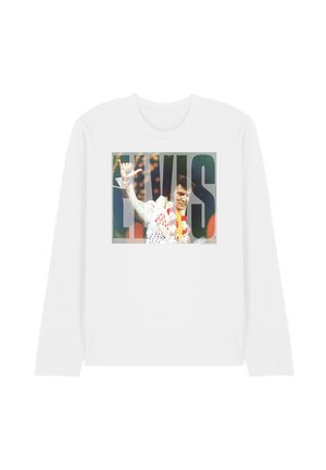 Weißes Langarmhemd mit einem bunten Motiv von Elvis Presley in einem weißen Overall, der winkt, mit großem "ELVIS"-Text über dem Bild.