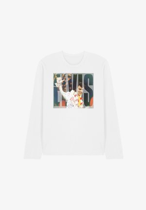 Weißes Langarmhemd mit einem bunten Motiv von Elvis Presley in einem weißen Overall, der winkt, mit großem "ELVIS"-Text über dem Bild.