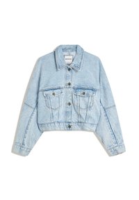 Ljusblå jeansjacka med kortare design, långa ärmar, två framfickor med knappar och klassisk krage.