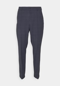Navy blue checkered trousers made of woven fabric, featuring a button closure, belt loops, and a tailored fit. Clean, straight leg design.