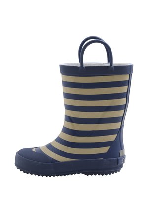 Granatowy gumowy kalosz z beżowymi poziomymi paskami, z teksturowaną podeszwą, okrągłym noskiem i dwoma górnymi uchwytami ułatwiającymi zakładanie.