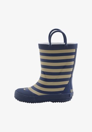 Granatowy gumowy kalosz z beżowymi poziomymi paskami, z teksturowaną podeszwą, okrągłym noskiem i dwoma górnymi uchwytami ułatwiającymi zakładanie.