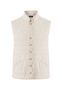 Beige quilted vest with a stand collar, front buttons, and two side pockets. Features stitched lines for texture and a smooth finish.
