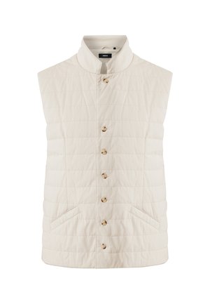 Beige gewatteerde vest met een opstaande kraag, voorknopen en twee zijzakken. Beschikt over gestikte lijnen voor textuur en een gladde afwerking.