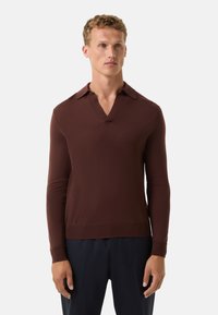 Brauner Langarmpullover mit V-Ausschnitt und Kragen, aus einem glatten Material gefertigt, mit eng anliegenden Bündchen und einem dezenten Abschluss am Saum.