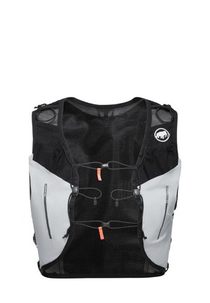 Black and gray running vest with mesh back, elastic cords in front, and reflective accents. Features side pockets and adjustable straps.