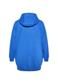 Blaue Kapuzenjacke mit einer lässigen Passform, gekennzeichnet durch einen abgerundeten Saum, eine übergroße Kapuze und gerippte Bündchen. Glatte Textur und simples Design.