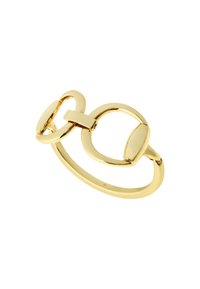 Guld metalring med en glat bånd, der har to sammenflettede ovale løkker og en central låsemekanisme. Poleret overflade for reflekterende kvalitet.