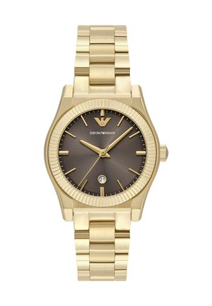 Gold-tone metal wristwatch with dark gray dial, gold hour markers, date window at 6 o'clock, and linked bracelet strap.