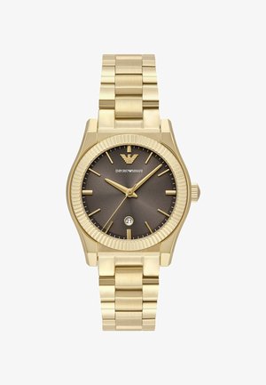 Armbanduhr aus goldfarbenem Metall mit dunkelgrauem Zifferblatt, goldenen Stundenmarkierungen, Datumsfenster bei 6 Uhr und Gliederarmband.