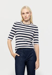 Navy and cream striped t-shirt with elbow-length sleeves and a round neckline, featuring a small logo on the left chest pane.