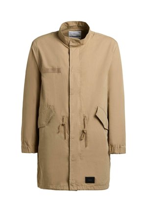 Beige long coat with high collar, two front flap pockets with drawstring details, elastic cuffs, and concealed button closure.