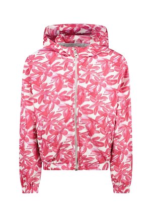 Lichte jas met rits en een roze bloemenpatroon. Voorzien van een kap en elastische boorden aan mouwen en zoom, gemaakt van gladde stof voor een comfortabele pasvorm.
