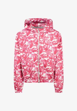 Lichte jas met rits en een roze bloemenpatroon. Voorzien van een kap en elastische boorden aan mouwen en zoom, gemaakt van gladde stof voor een comfortabele pasvorm.