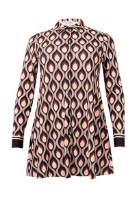Lange mouwen blouse van gemusterde stof, met een golvend ontwerp in crèmekleurige, roze en bruine tinten. Met knoopsluiting en kraagdetail.