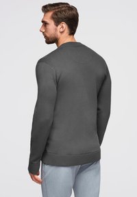 Grå sweater med en struktureret overflade, ribbede manchetter og kant. Har en rund hals og en glat silhuet, set bagfra.