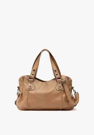 Helepruun nahast käekott kahekordsete käepidemete, dekoratiivsete metallnukkide ning reguleeritava pannaliga õlarihmaga.