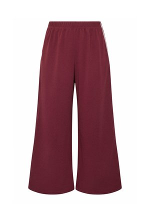 Bordeauxrøde bukser med vide ben, elastisk talje og diskret stribe på siden, der går til midt på læggen.