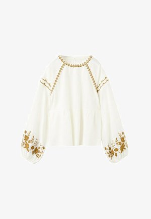 Witte blouse met lange mouwen, voorzien van gouden bloemrijke borduursels op de mouwen, de halslijn en de bovenkant van de borst, met een ronde hals en een losse pasvorm.